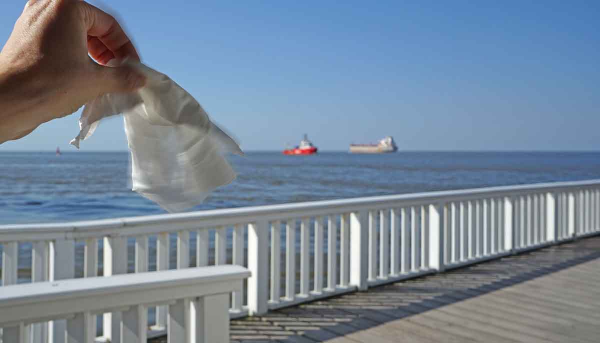 Winkende Hand mit Taschentuch vor Schiffen