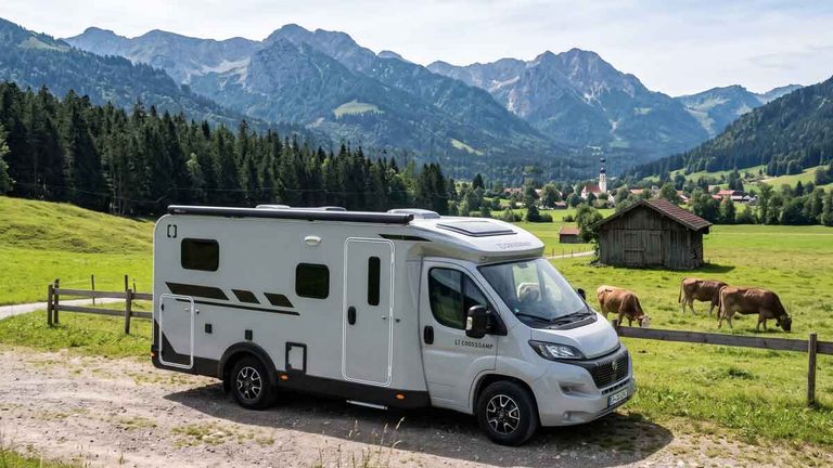 Crosscamp EXPDN 6.6 E in KI-generierter Allgäulandschaft