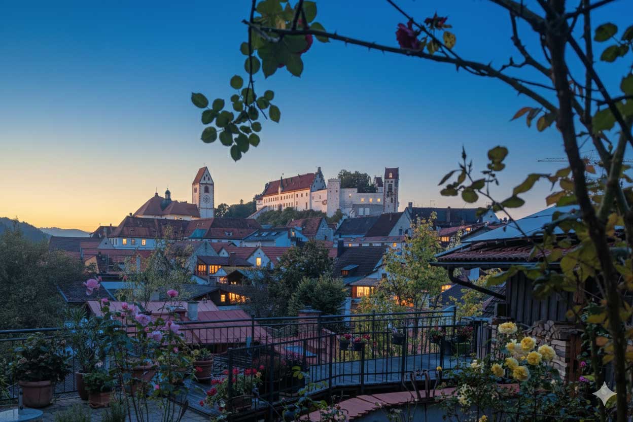 Blick auf Restaurants in Füssen bei Abendlicht
