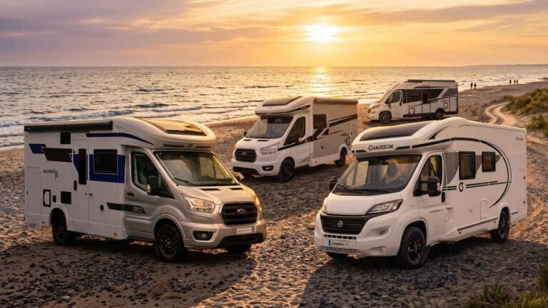 Schmale Teilintegrierte mit Heckbad am Strand